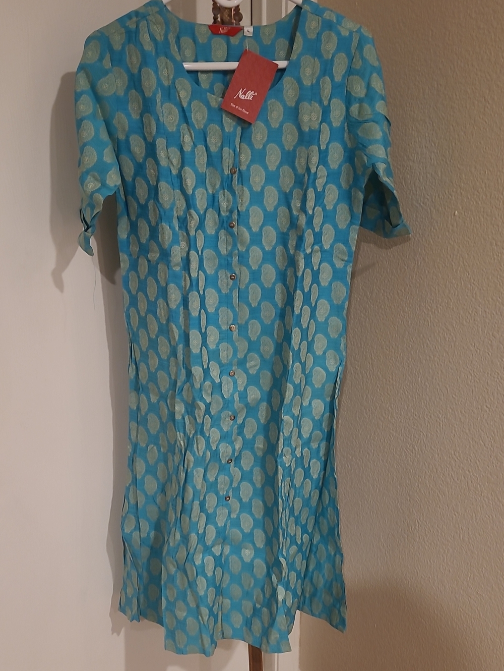 Teal Button-Front Kurti Dress with Paisley Gold Print Size Large NEW